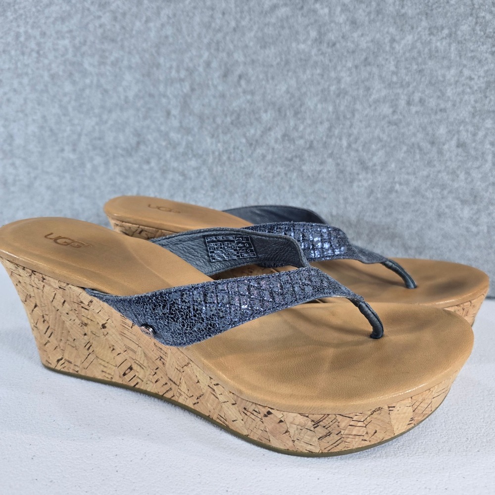 UGG Australia Lucianna Mar Blue Metallic Leather Cork Wedge Sandals 1011000 8.5